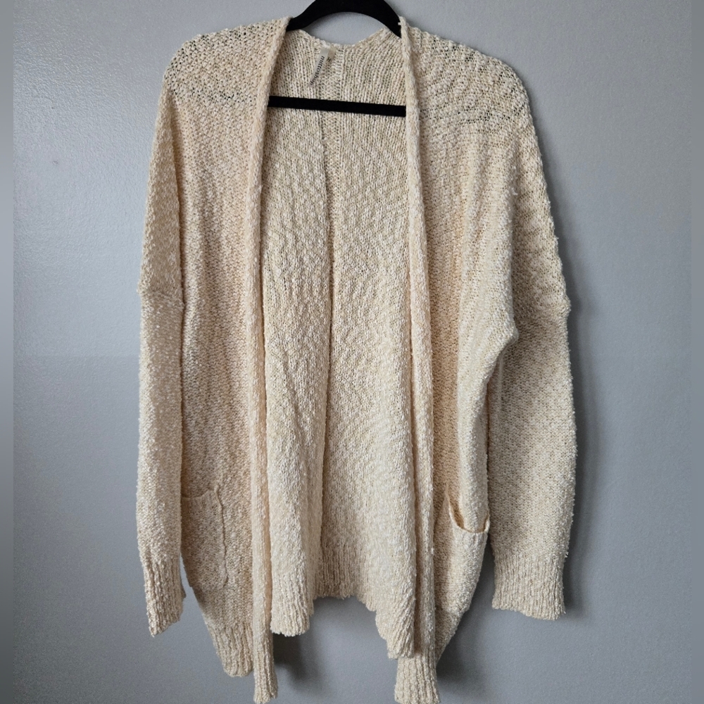 Mittoshop Cream Chunky Popcorn Knit Open Front Cardigan Sweater Pockets Oversize
